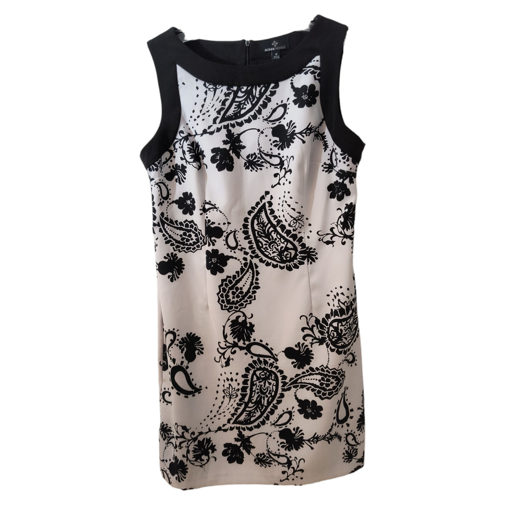 Ronni Nicole Dress Women's Sz 12 Sleeveless Black White Floral Boat Neck Sheath